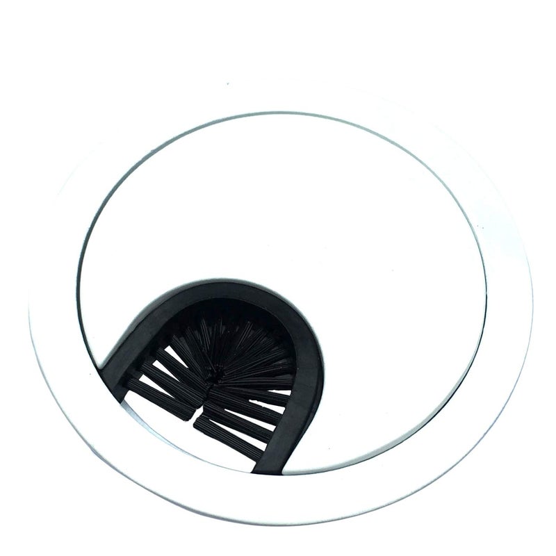 Desunia Gloss White Metal Cable Grommet | 2 Piece "Lock in" Feature with "Brush" Opening for Management of Office & Computer Desk Wires | 60mm (2 3/8") Hole Opening | 1 Pack - Image 1